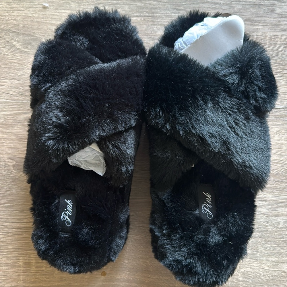 PINK Faux Fur Platform Slippers